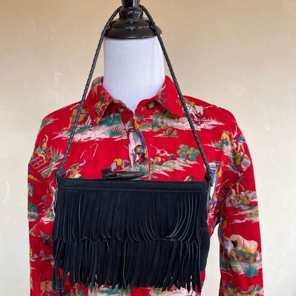 RALPH LAUREN Black Suede Fringed Bag w/Horse Charm - Picture 6 of 12